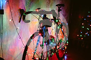 Bicycle decorated with Christmas lights