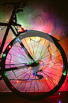 Bicycle decorated with Christmas lights