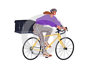Bicycle delivery service. Woman courier riding bike, delivering food, meal order in thermo box, package. Girl cycling