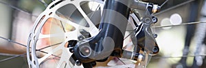 Bicycle disk brake rotor in focus closeup