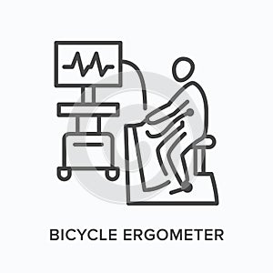 Bicycle ergometer flat line icon. Vector outline illustration of man doing stress test on cycle machine. Cardiovascular