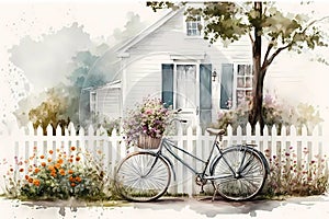 Bicycle with a flower basket in front of white picket fence, watercolor illustration