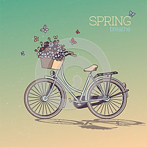 Bicycle With Flowers in Basket in Retro Style. Spring Breathe