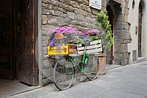 Bicycle with Flowers and Crates Leaning Against a Stone Wall in Florence, Italy