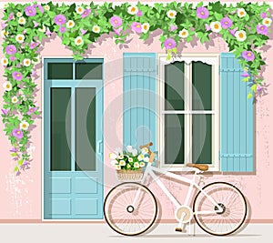 Bicycle with flowers near provence style house. Vintage building facade. Vector set: door, window, bicycle, flowers.