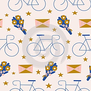 Bicycle,  flowers and stars in a seamless pattern design