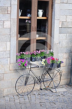 Bicycle flowers and wall brick