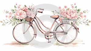 Bicycle with flowers. Watercolor hand drawn illustration isolated on white background Generative AI