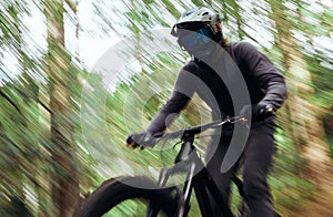 Bicycle, forest and man travel, speed and workout outdoor in woods for healthy body. Mountain bike, nature and athlete