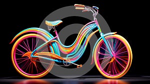 A bicycle with a fun, wavy frame and vibrant, neon-colored spokes, creating a whimsical and playful design