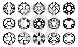Bicycle gear wheel. Factory bicycle sprocket with cogwheel, industrial mechanism circular disk for chain drive. Vector