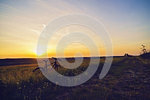 a bicycle in the grass in the sunset