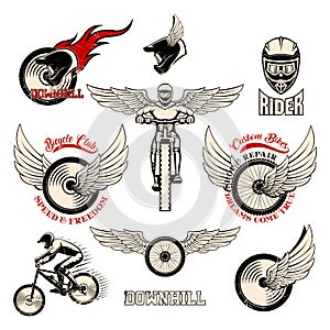 Bicycle grunge badges, icons, retro logotypes, isolated on white background.