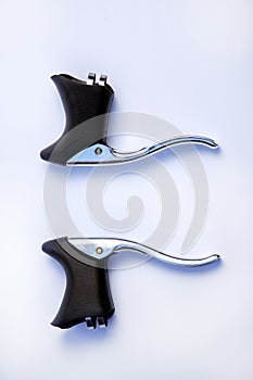 bicycle hand brake and shifter isolated on white background. selective focus