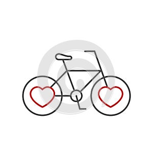 Bicycle with heart shaped tires. Line icon. Love for cycling and healthy lifestyle.