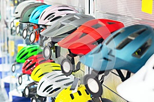 Bicycle helmets on the counter in the bike shop