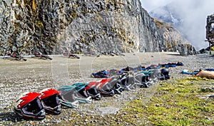 Bicycle helmets at the starting point of death road in Bolivia