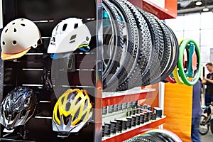 Bicycle helmets and tires in store