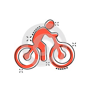 Bicycle icon in comic style. Bike with people cartoon vector illustration on white isolated background. Rider splash effect