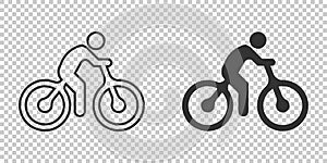 Bicycle icon in flat style. Bike with people vector illustration on white isolated background. Rider business concept