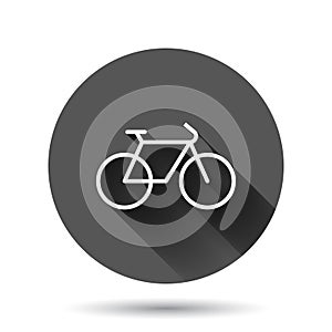 Bicycle icon in flat style. Bike vector illustration on black round background with long shadow effect. Cycle travel circle button