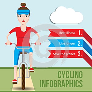 Bicycle infographics concept with front view of smiling cartoon hipster woman