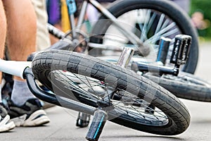 Bicycle for jumps and tricks BMX in the skatepark. Sports bike close up. Cycling photo