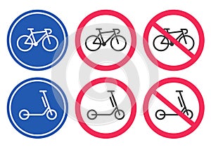 Bicycle and kick scooter forbidden and allow safety road street signs vector graphic illustration icon set, electric bike area