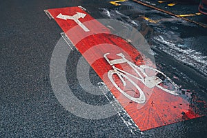 Bicycle lane with direction arrow signs on asphalt road on a rainy day