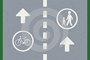 Bicycle lane and footpath sign. Bicycle path and footway marking with specified direction.