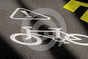 Bicycle lane sign on asphalt road. Concept of biking safety and active lifestyle. 3D perspective view at night time with