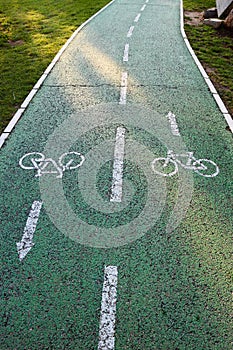 Bicycle lane sign on bicycle green road close up