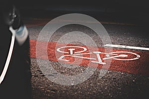 bicycle lane sign with blurred car in foreground