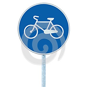 Bicycle lane sign indicating bike route, large blue round isolated roadside traffic signage