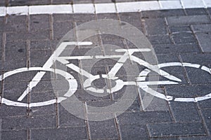 Bicycle lane sign on pavement road, top view