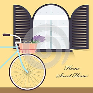 Bicycle with lavender in basket. Sweet home. Vector illustration.