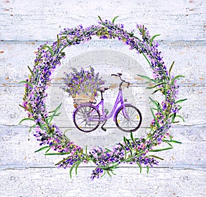 Bicycle with lavender flowers in lavender round border. Floral watercolor