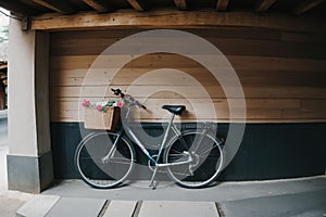 A bicycle leaning against a rustic wall