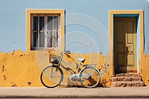 Bicycle leaning against the side of a yellow-blue building with a green door