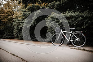A bicycle leaning against a tree hinting at hurried commutes