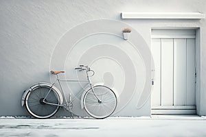 Bicycle leaning against wall in front of door. Generative AI