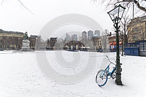 Bicycle locked with the lamp post with copy space