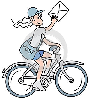 Bicycle mail girl delivers a letter cartoon style vector illustration