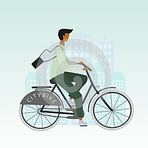 Bicycle man or boy is riding in the city. Flat stylish bike concept. Eco transport. Vector  illustration for banner, web