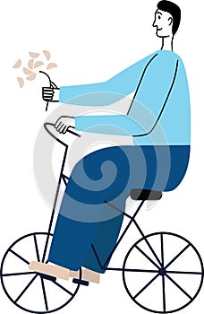 Bicycle man with flowers. Flat line illustration isolated on white background with trend blue colors.