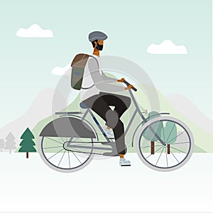 Bicycle man in helmet is riding by mountains. Flat stylish bike concept. Eco transport. Vector illustration for banner