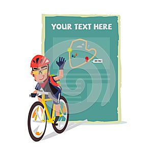 Bicycle man with present board. Map introduction. Character design - illustration