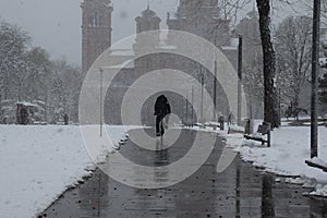 Bicycle  man in snow day