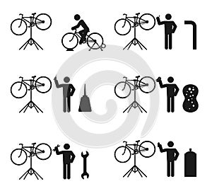 Bicycle man and stand holder service repair icon set