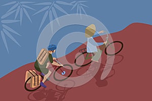 Bicycle man and woman from Asia illustration